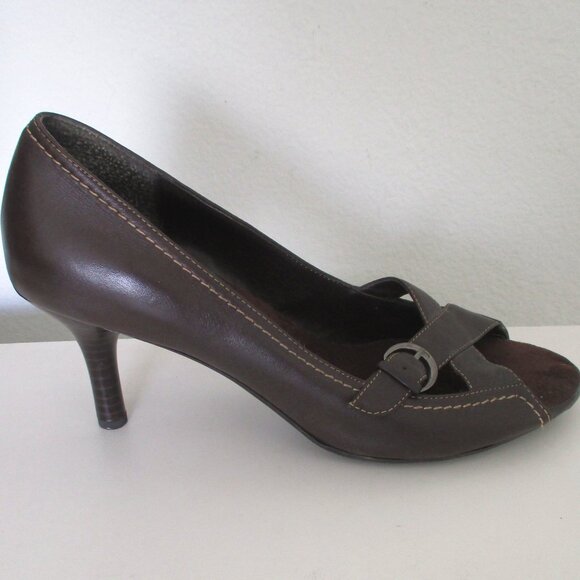 A2 by Aerosoles "2 Simple Leaf" Womens Brown Leather Open-Toe 3" Pump NWOB - 9M - Picture 3 of 10